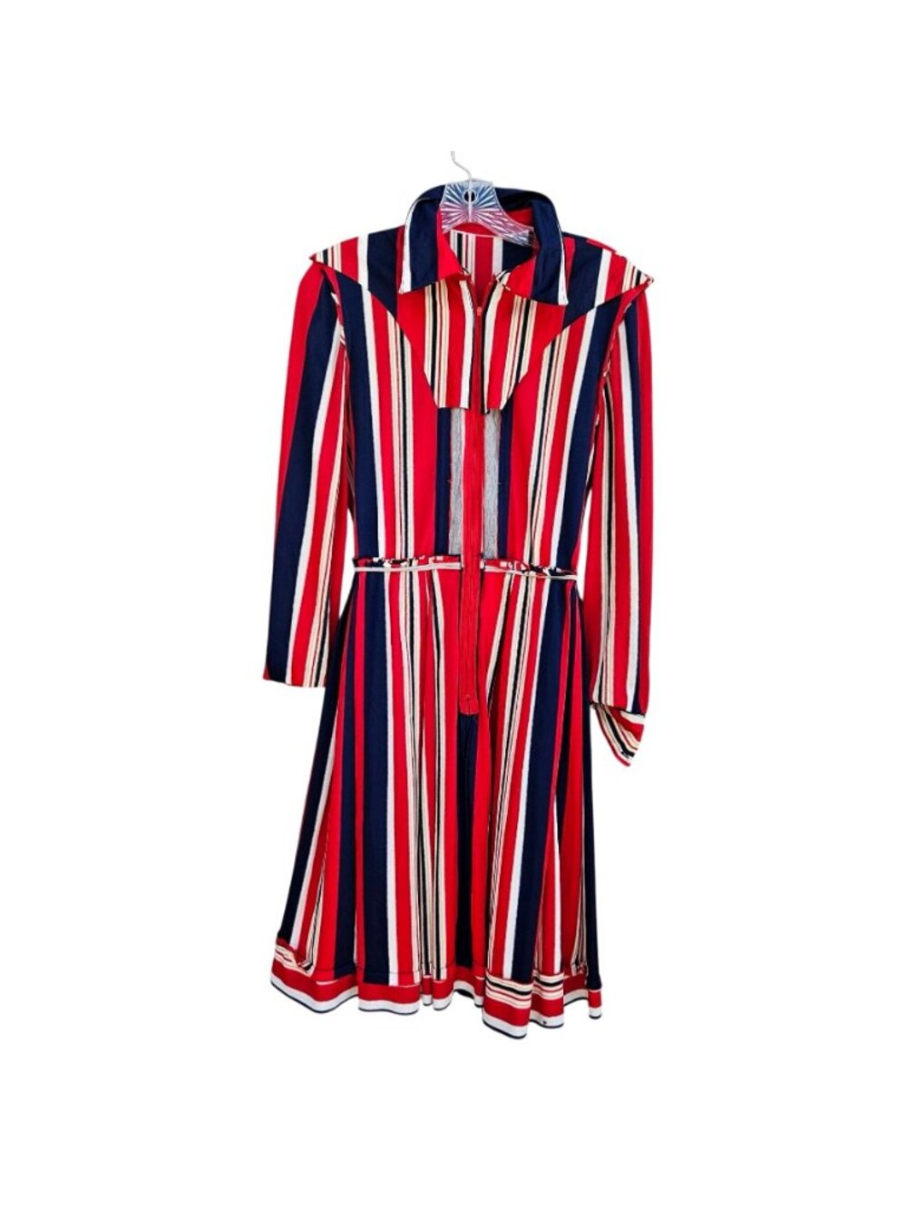 Vintage 70s California Stripe Nylon Knit Dress Red White Blue Zip Front Womens M - Picture 11 of 14